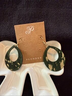 Plunder Dark Green Teardrop Earrings with Gold Flecks